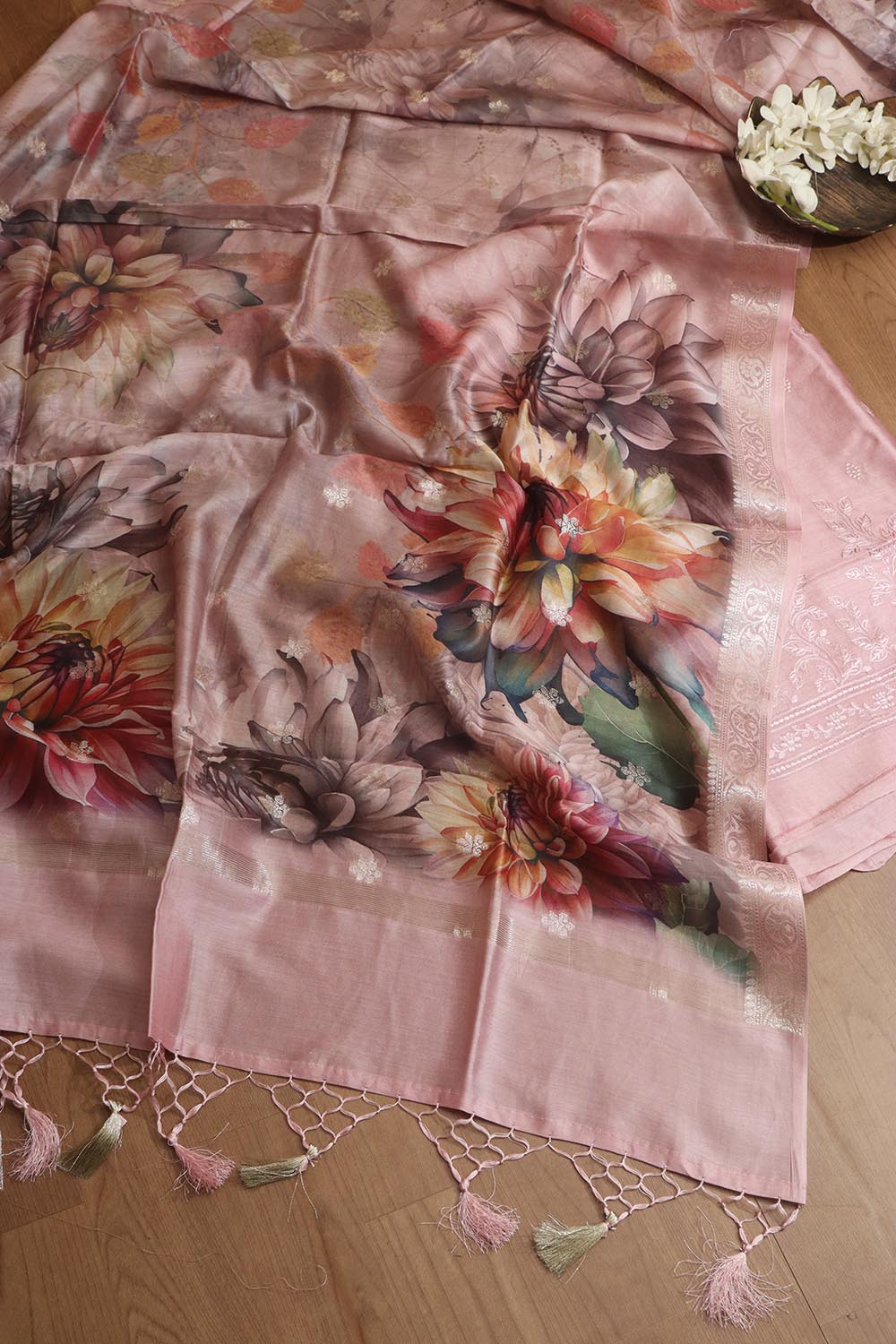 Stunning Pink Digital Printed Chanderi Silk Embroidered Three Piece Suit Set - Luxurion World