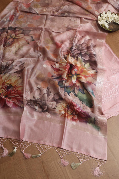 Stunning Pink Digital Printed Chanderi Silk Embroidered Three Piece Suit Set - Luxurion World