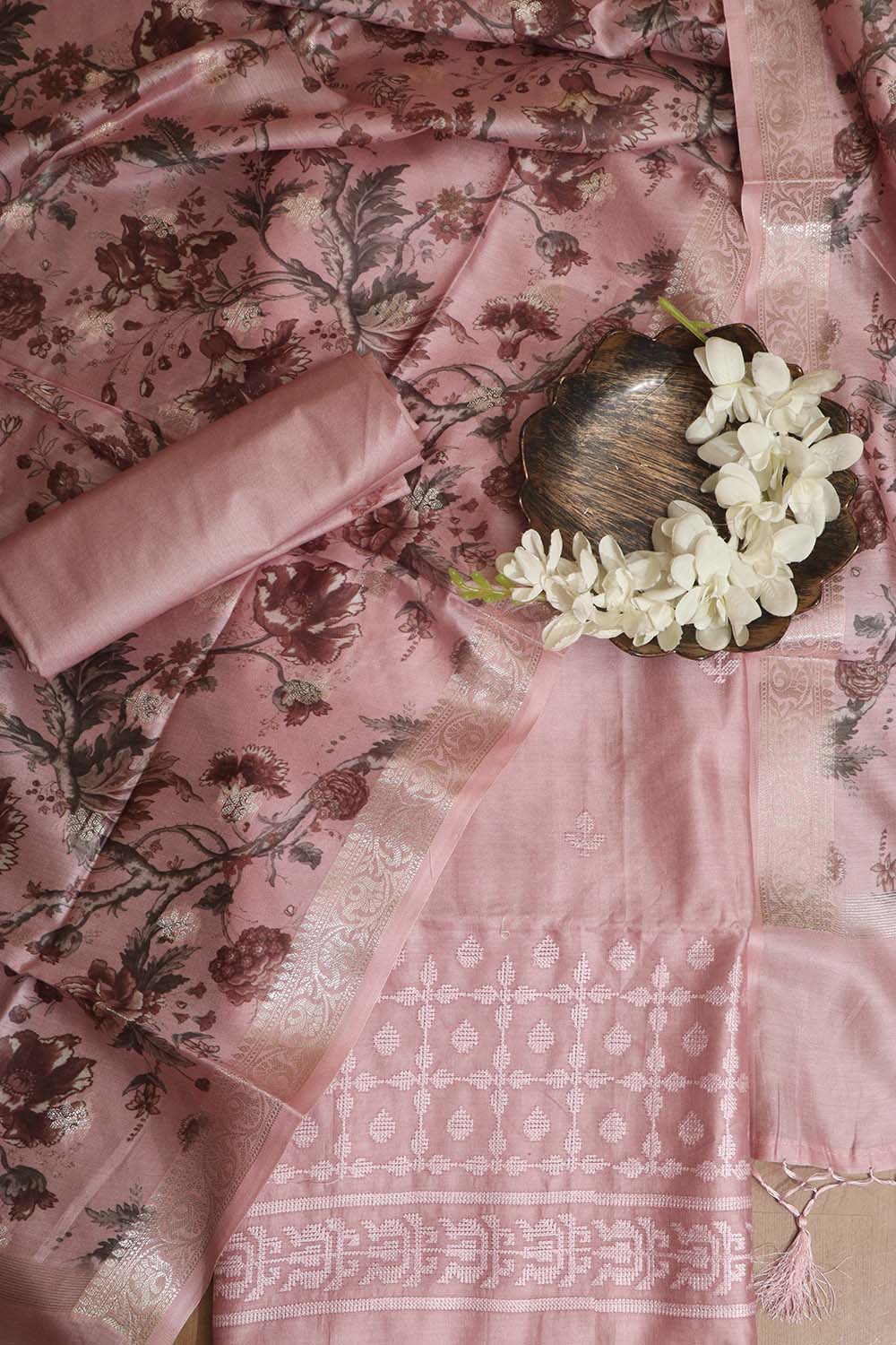 Stunning Pink Digital Printed Chanderi Silk Embroidered Three Piece Suit Set - Luxurion World