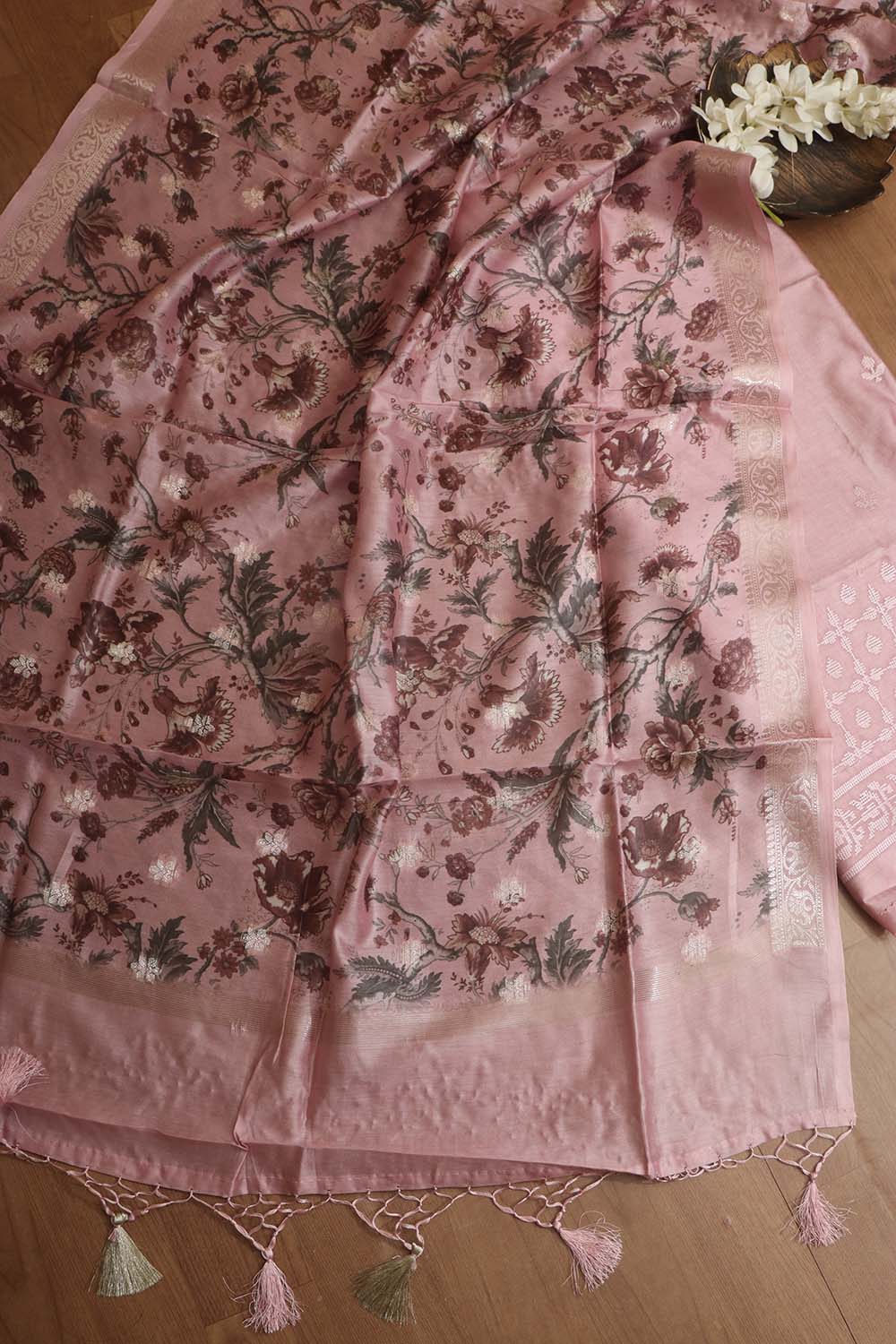 Stunning Pink Digital Printed Chanderi Silk Embroidered Three Piece Suit Set - Luxurion World