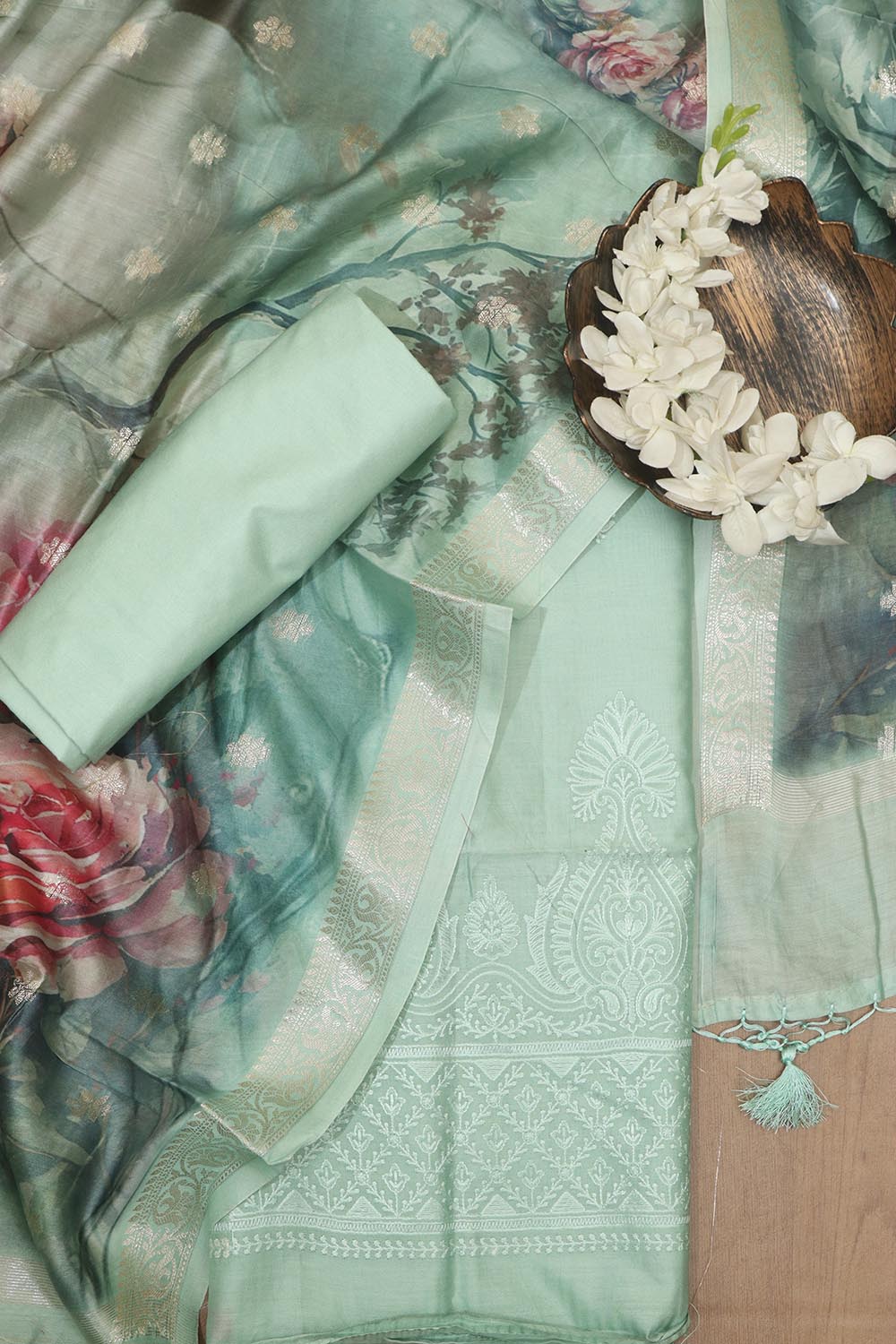 Blue Digital Printed Chanderi Silk Embroidered Three Piece Suit Set - Luxurion World