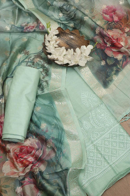 Blue Digital Printed Chanderi Silk Embroidered Three Piece Suit Set - Luxurion World