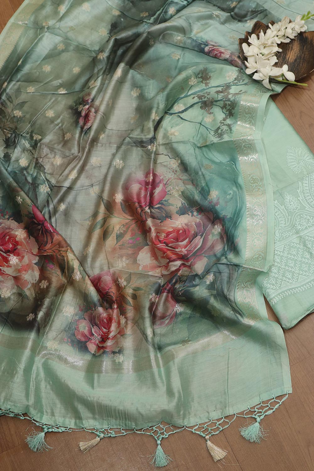 Blue Digital Printed Chanderi Silk Embroidered Three Piece Suit Set - Luxurion World