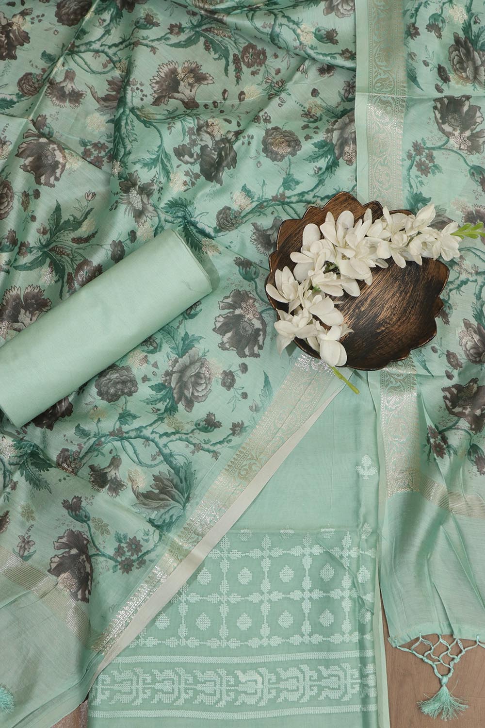 Blue Digital Printed Chanderi Silk Embroidered Three Piece Suit Set - Luxurion World