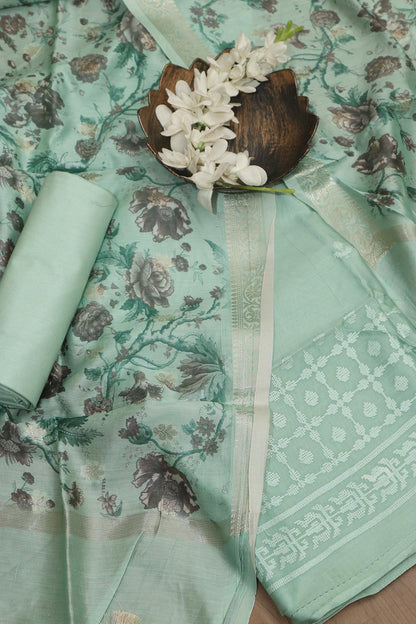 Blue Digital Printed Chanderi Silk Embroidered Three Piece Suit Set - Luxurion World