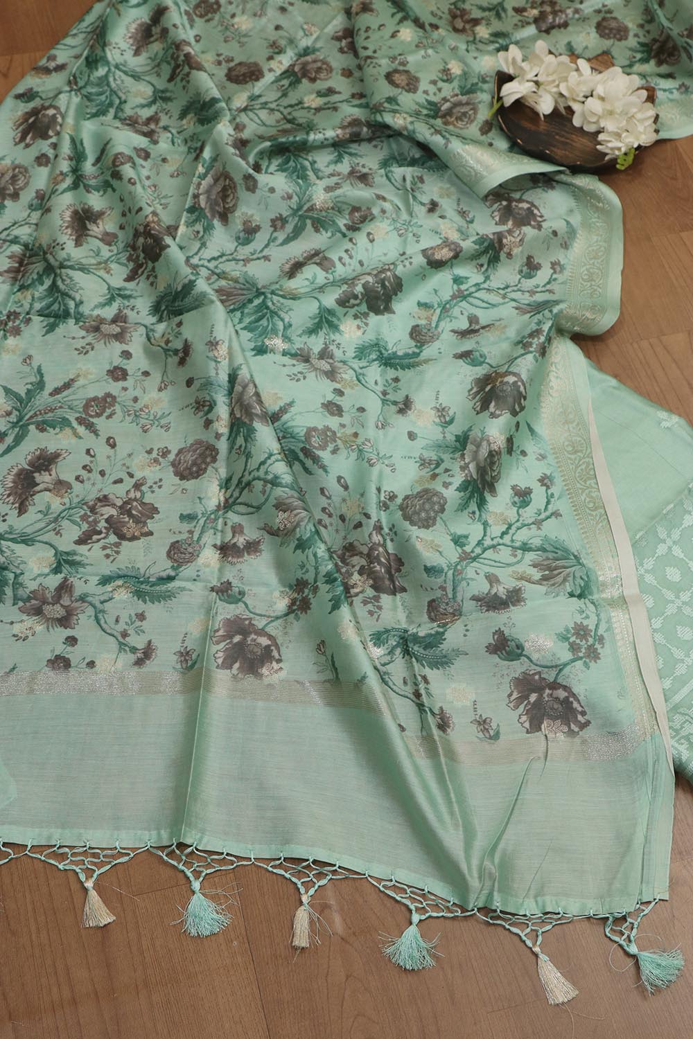 Blue Digital Printed Chanderi Silk Embroidered Three Piece Suit Set - Luxurion World