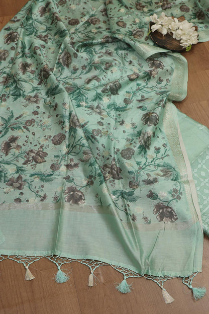 Blue Digital Printed Chanderi Silk Embroidered Three Piece Suit Set - Luxurion World