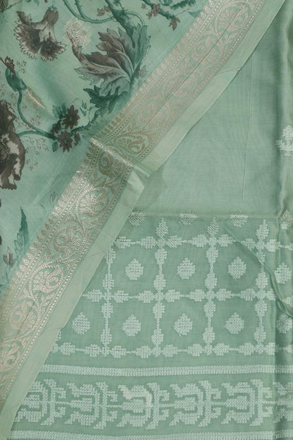 Blue Digital Printed Chanderi Silk Embroidered Three Piece Suit Set - Luxurion World