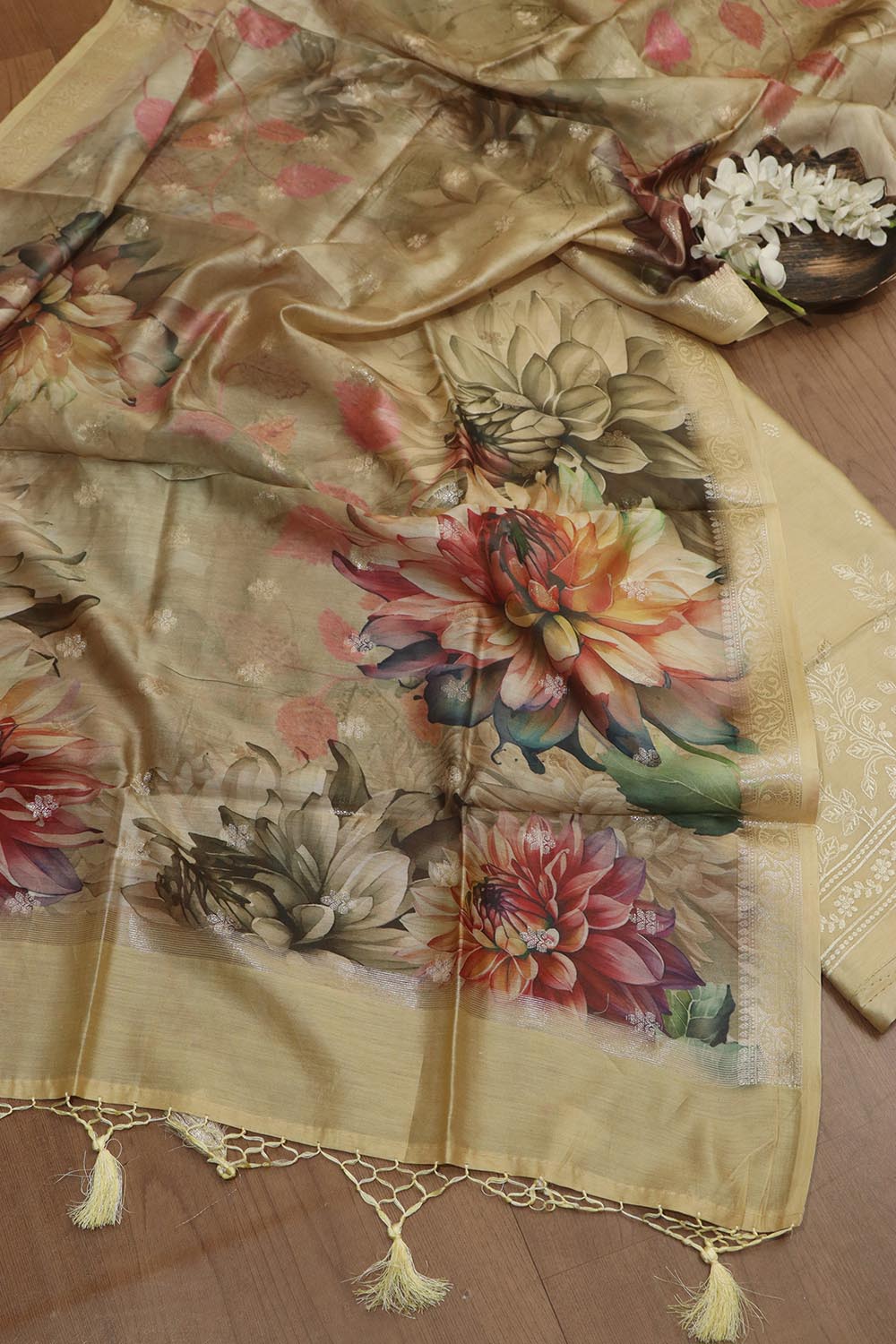 Yellow Digital Printed Chanderi Silk Embroidered Three Piece Suit Set - Luxurion World