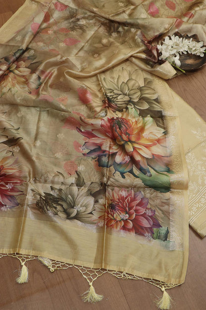 Yellow Digital Printed Chanderi Silk Embroidered Three Piece Suit Set - Luxurion World