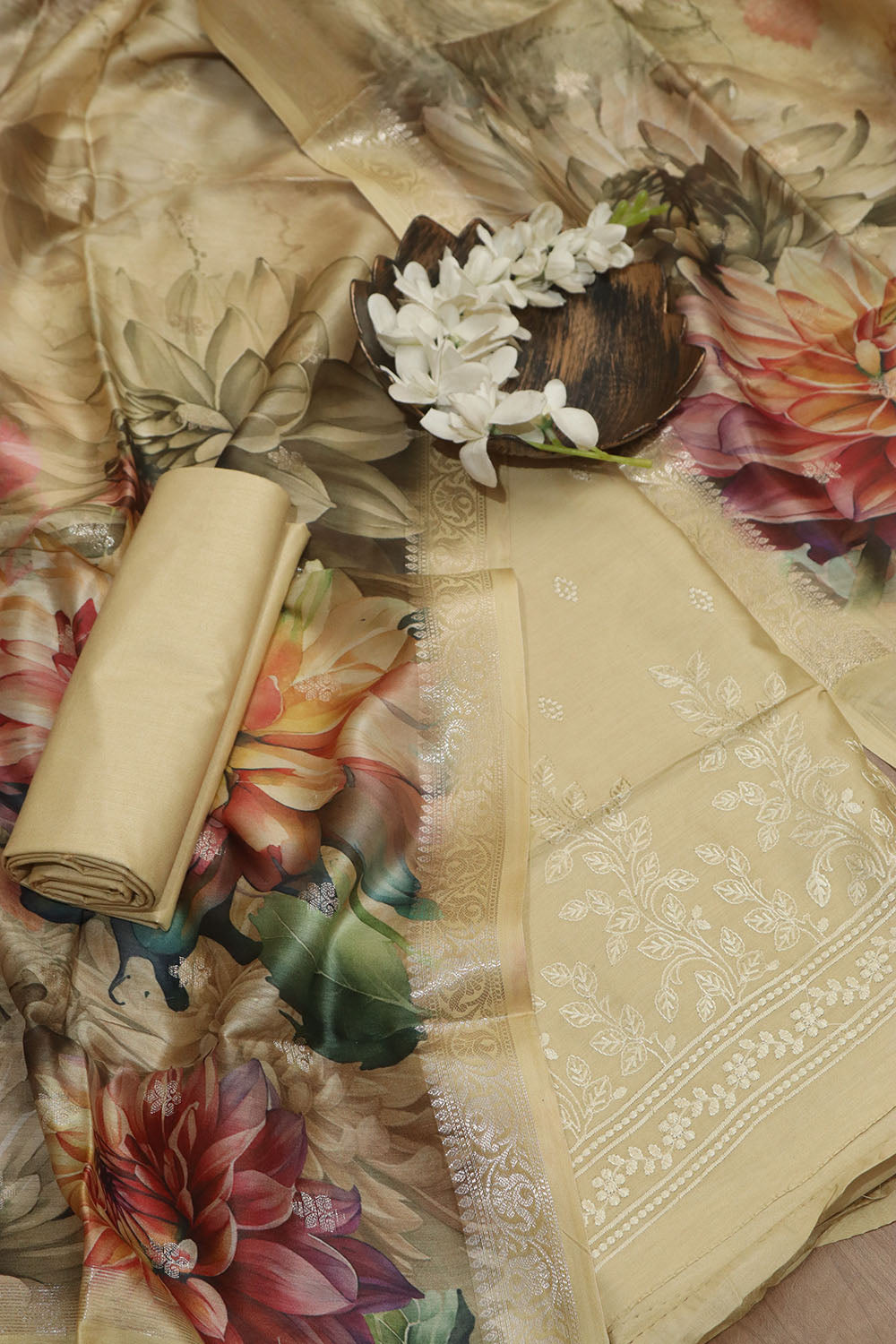 Yellow Digital Printed Chanderi Silk Embroidered Three Piece Suit Set - Luxurion World