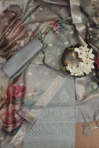 Grey Digital Printed Chanderi Silk Embroidered Three Piece Suit Set - Luxurion World