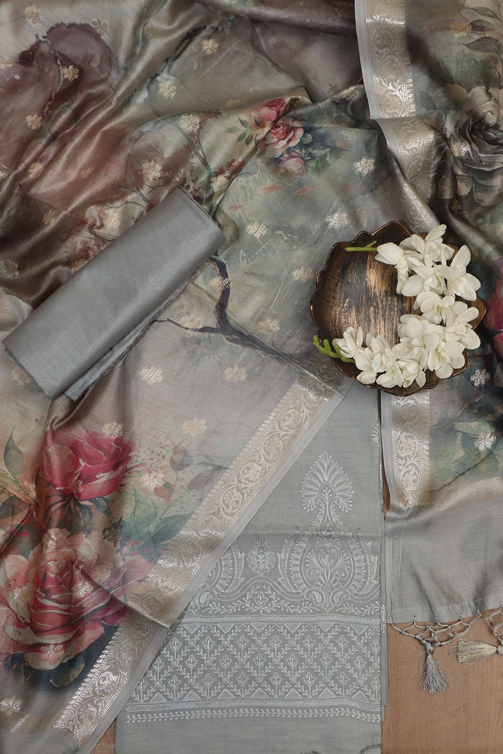 Grey Digital Printed Chanderi Silk Embroidered Three Piece Suit Set - Luxurion World