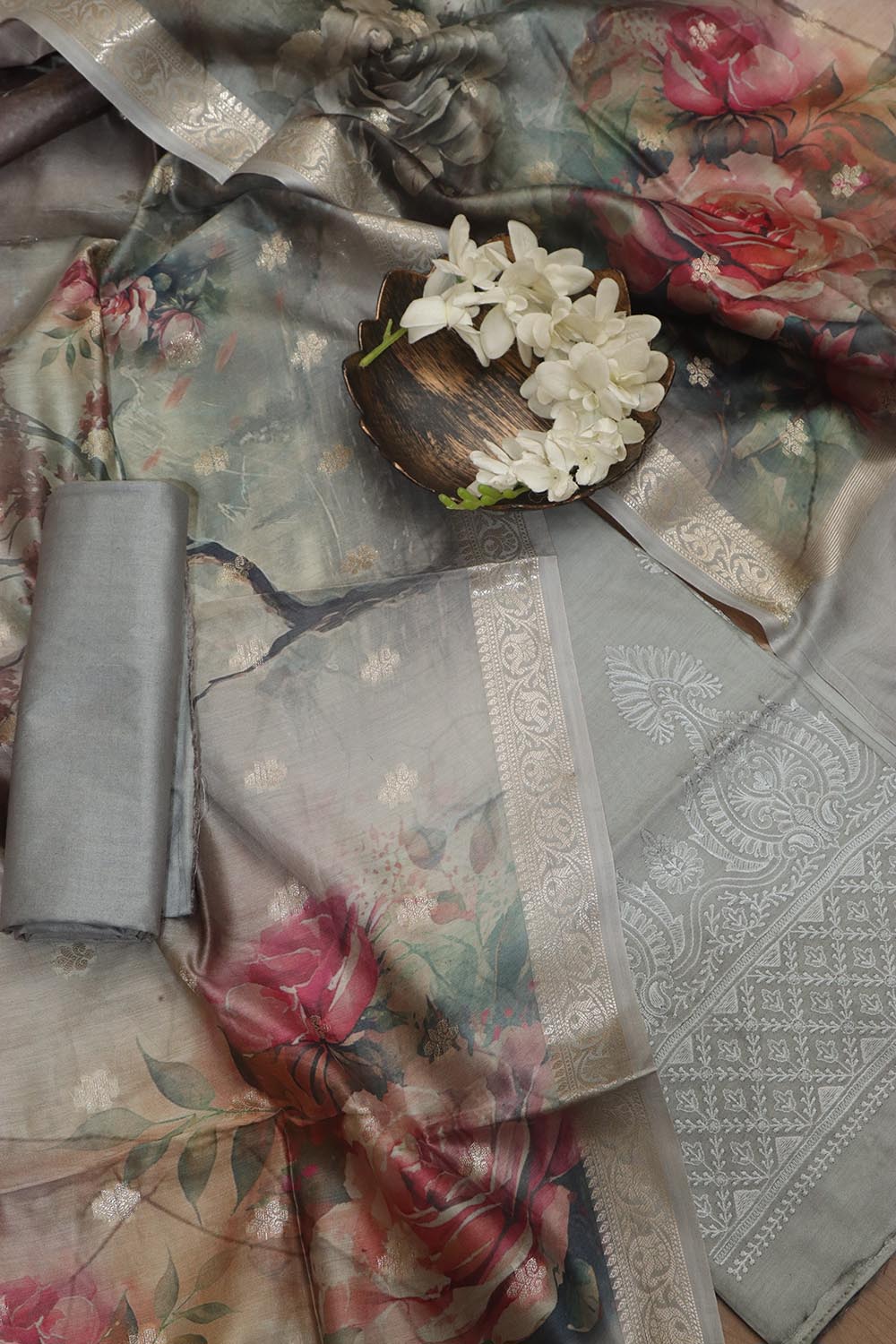 Grey Digital Printed Chanderi Silk Embroidered Three Piece Suit Set - Luxurion World