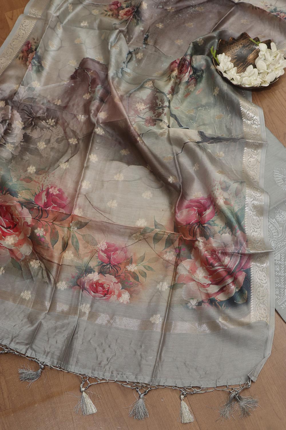 Grey Digital Printed Chanderi Silk Embroidered Three Piece Suit Set - Luxurion World