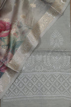 Grey Digital Printed Chanderi Silk Embroidered Three Piece Suit Set - Luxurion World