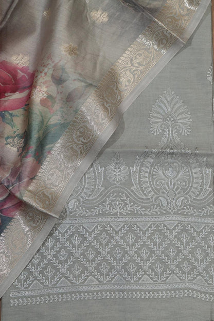 Grey Digital Printed Chanderi Silk Embroidered Three Piece Suit Set - Luxurion World
