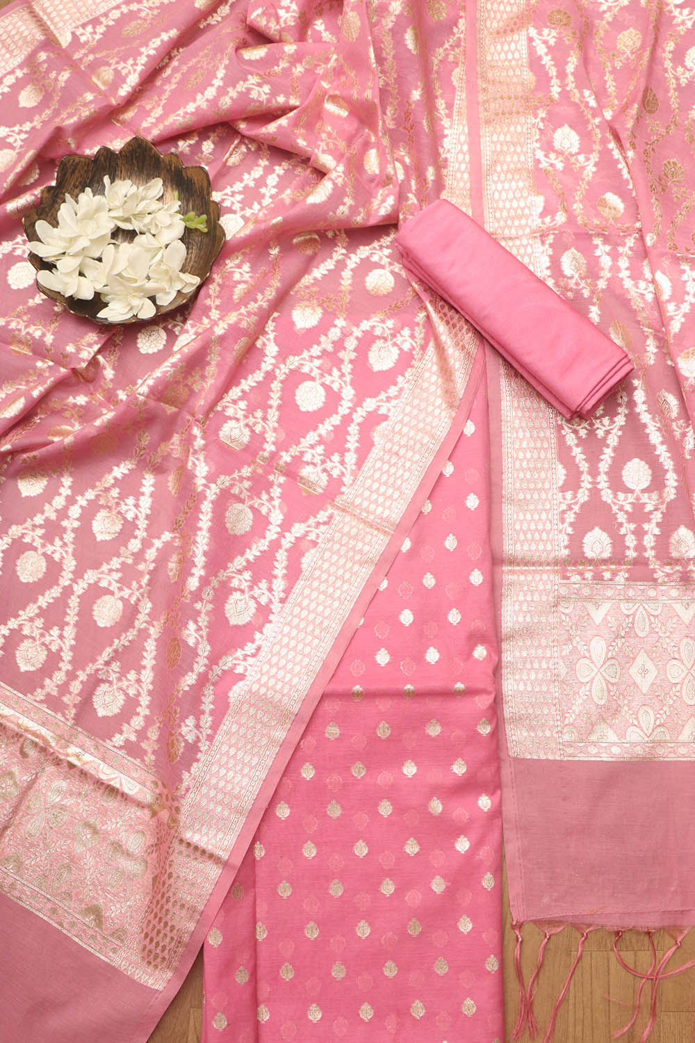 Stunning Pink Banarasi Chanderi Silk Three Piece Unstitched Suit Set - Luxurion World