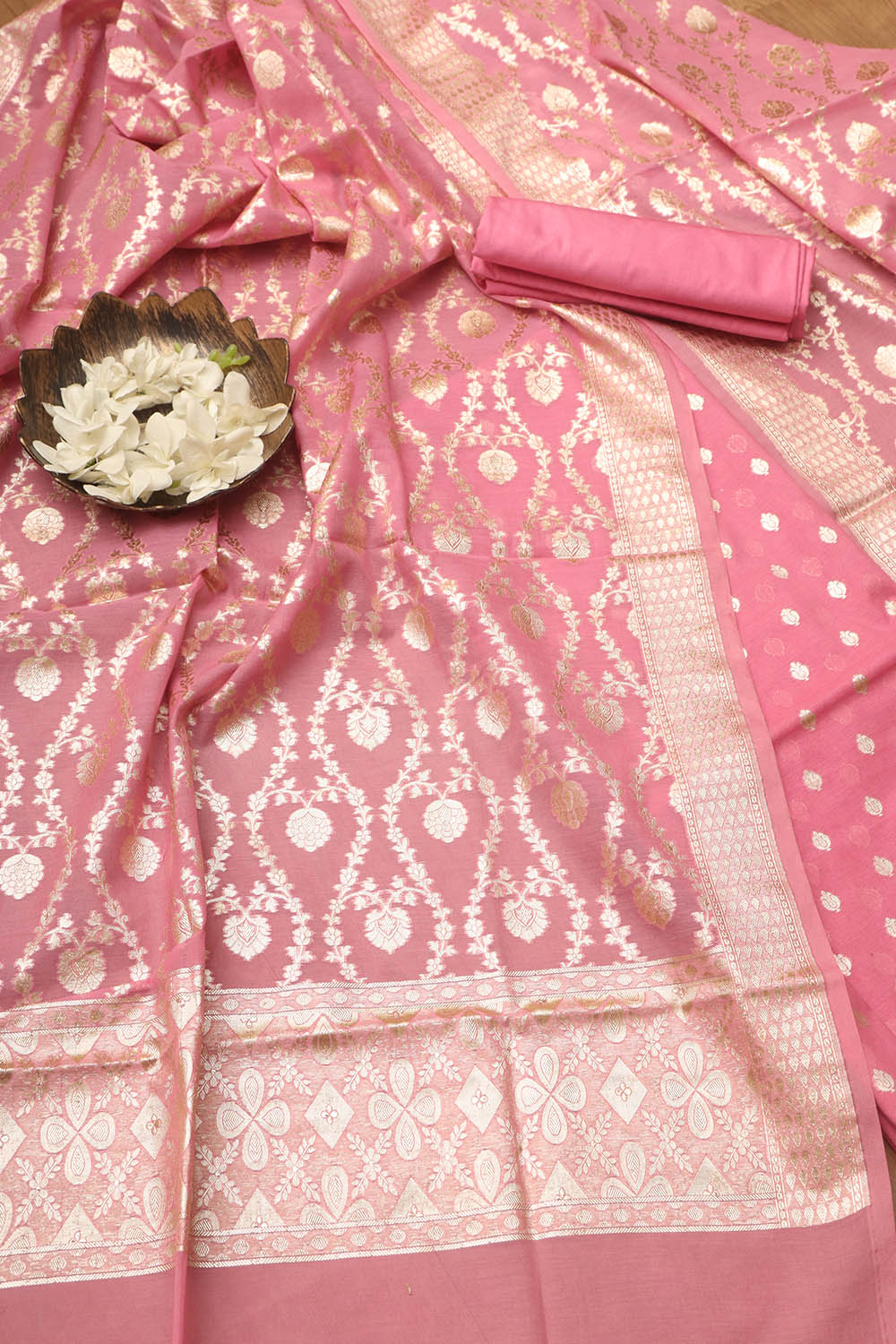 Stunning Pink Banarasi Chanderi Silk Three Piece Unstitched Suit Set - Luxurion World