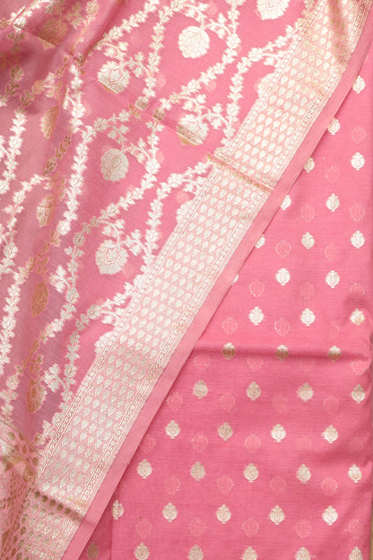 Stunning Pink Banarasi Chanderi Silk Three Piece Unstitched Suit Set - Luxurion World