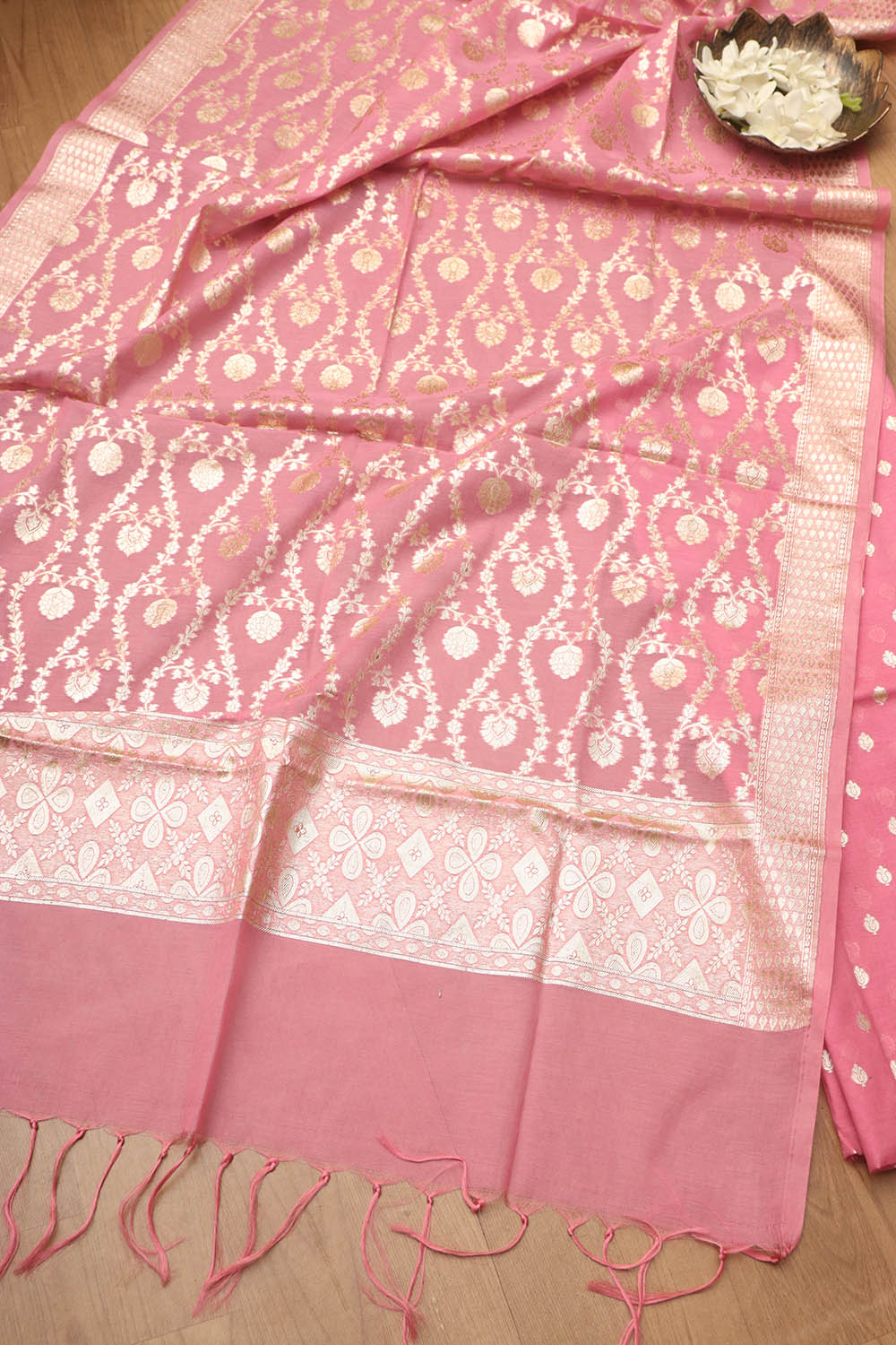 Stunning Pink Banarasi Chanderi Silk Three Piece Unstitched Suit Set - Luxurion World