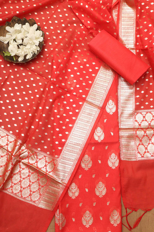 Exquisite Red Banarasi Chanderi Silk Three Piece Unstitched Suit Set - Luxurion World