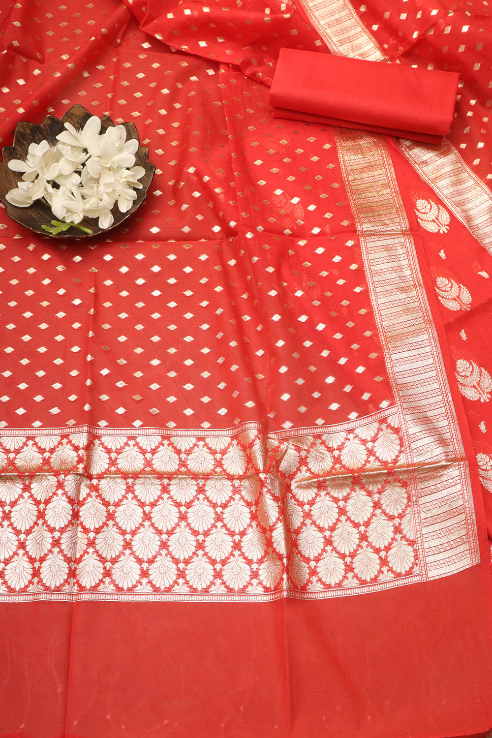 Exquisite Red Banarasi Chanderi Silk Three Piece Unstitched Suit Set - Luxurion World
