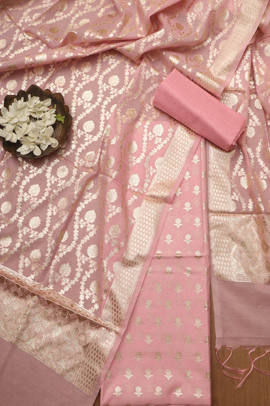 Stunning Pink Banarasi Chanderi Silk Three Piece Unstitched Suit Set - Luxurion World