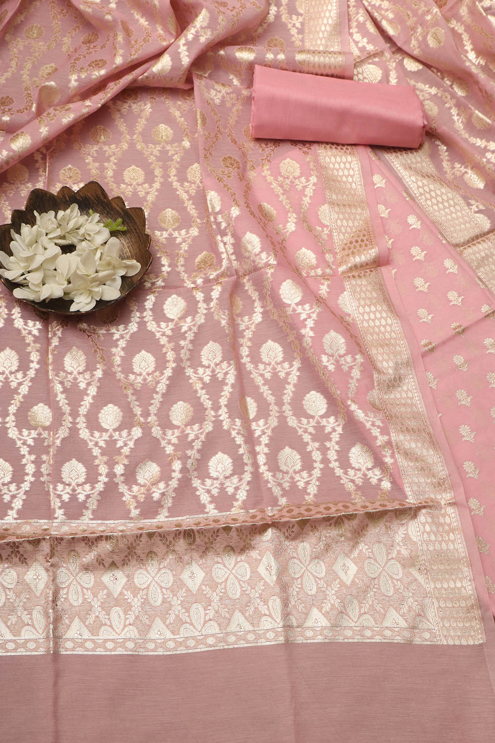 Stunning Pink Banarasi Chanderi Silk Three Piece Unstitched Suit Set - Luxurion World