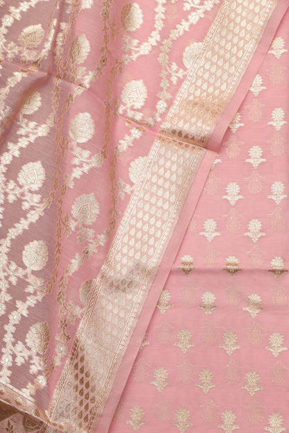Stunning Pink Banarasi Chanderi Silk Three Piece Unstitched Suit Set - Luxurion World