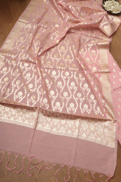 Stunning Pink Banarasi Chanderi Silk Three Piece Unstitched Suit Set - Luxurion World