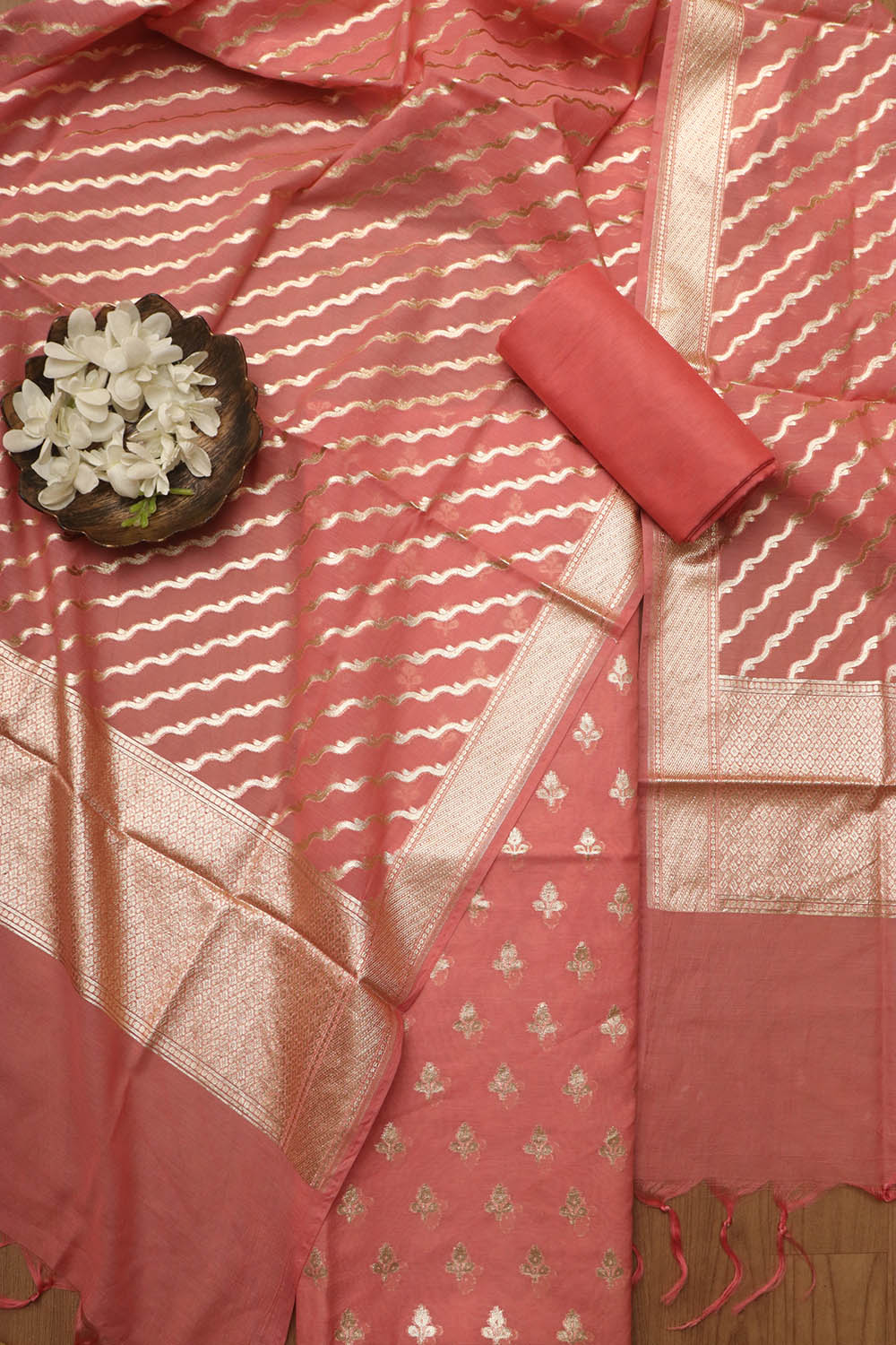 Stunning Pink Banarasi Chanderi Silk Three Piece Unstitched Suit Set - Luxurion World