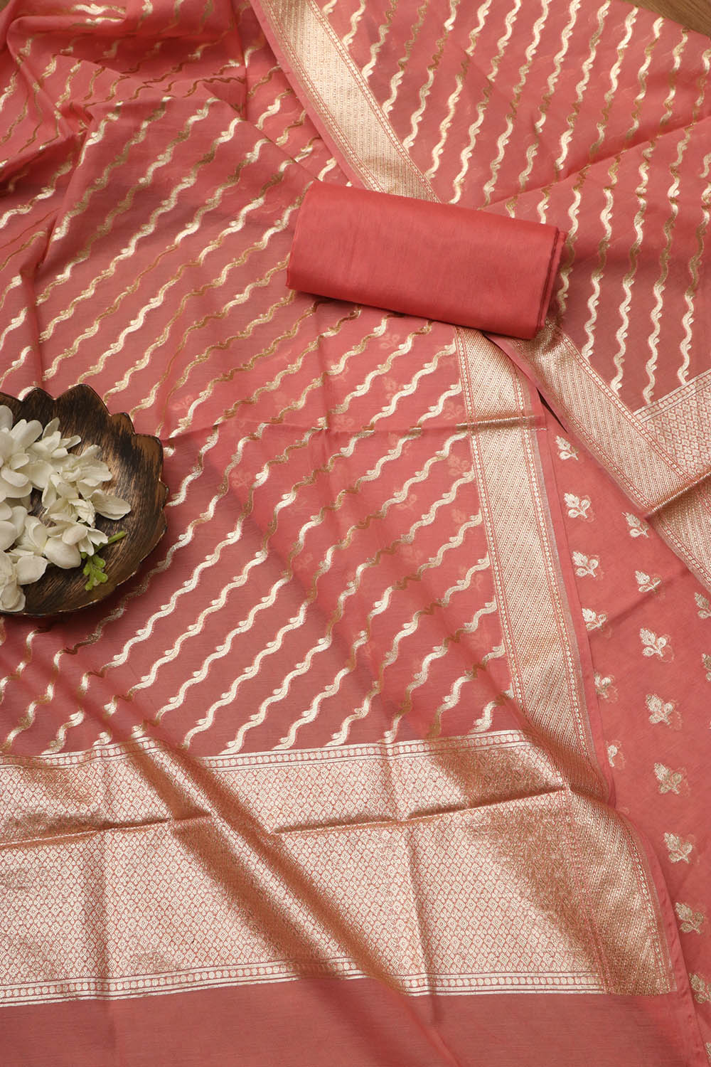 Stunning Pink Banarasi Chanderi Silk Three Piece Unstitched Suit Set - Luxurion World