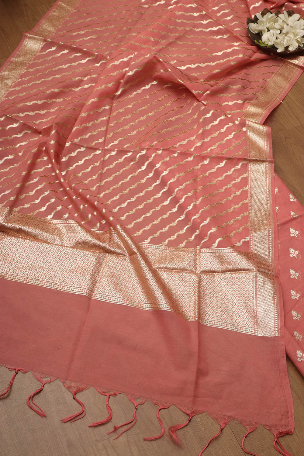 Stunning Pink Banarasi Chanderi Silk Three Piece Unstitched Suit Set - Luxurion World