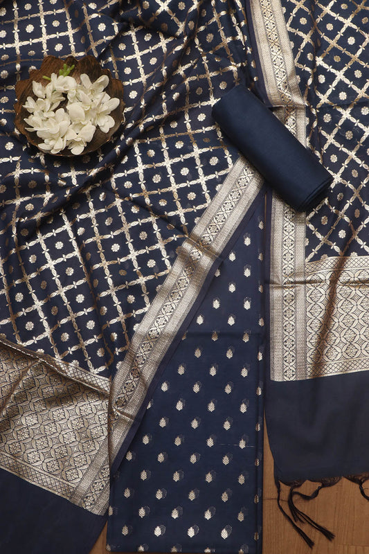 Blue Banarasi Chanderi Silk Three Piece Unstitched Suit Set - Luxurion World