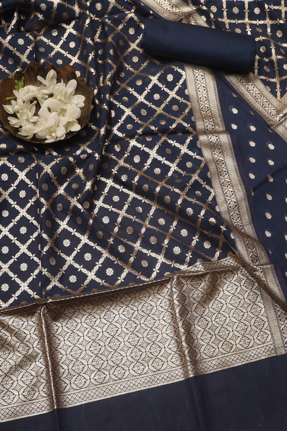 Blue Banarasi Chanderi Silk Three Piece Unstitched Suit Set - Luxurion World