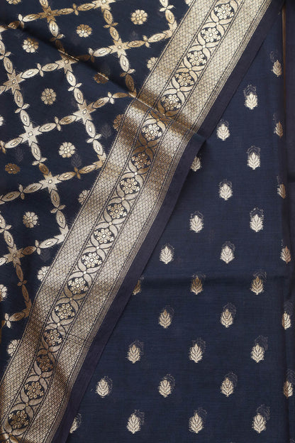 Blue Banarasi Chanderi Silk Three Piece Unstitched Suit Set - Luxurion World