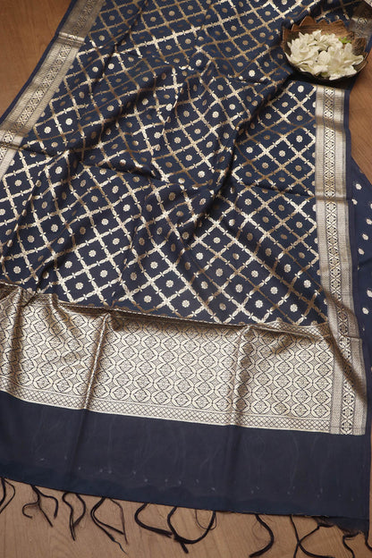 Blue Banarasi Chanderi Silk Three Piece Unstitched Suit Set - Luxurion World