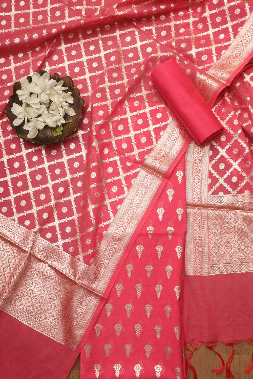 Stunning Pink Banarasi Chanderi Silk Three Piece Unstitched Suit Set - Luxurion World