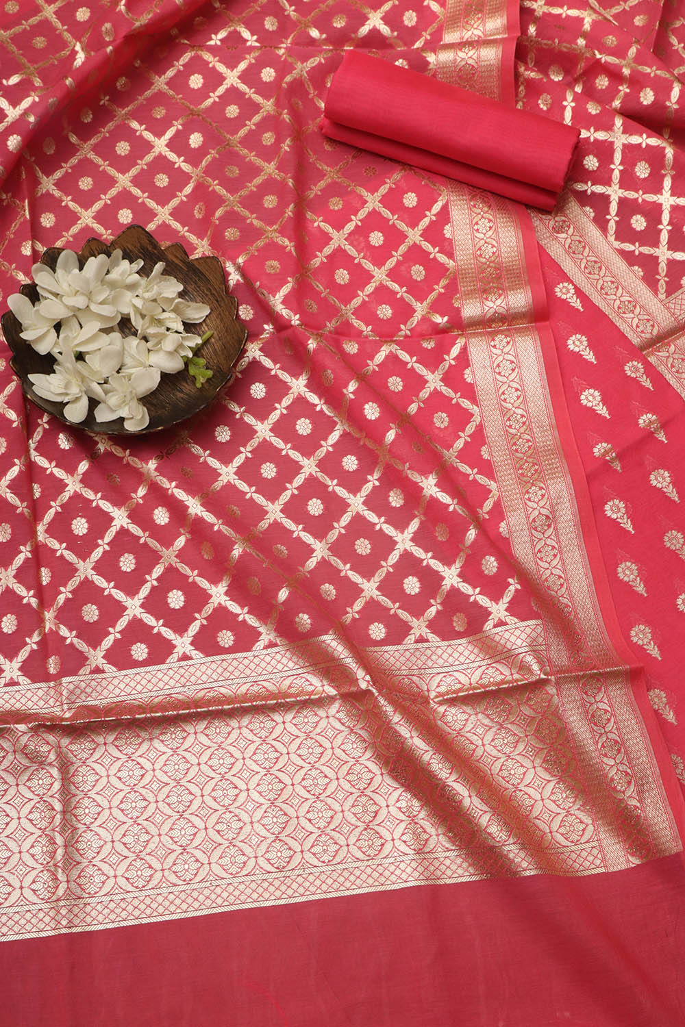 Stunning Pink Banarasi Chanderi Silk Three Piece Unstitched Suit Set - Luxurion World