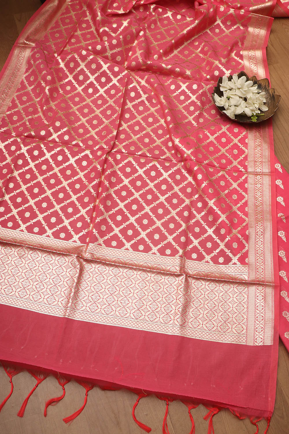 Stunning Pink Banarasi Chanderi Silk Three Piece Unstitched Suit Set - Luxurion World
