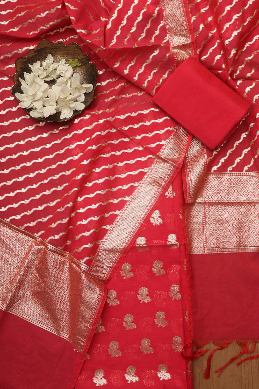 Exquisite Red Banarasi Chanderi Silk Three Piece Unstitched Suit Set - Luxurion World