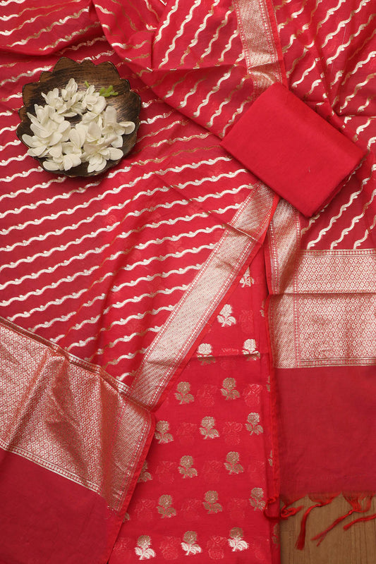 Exquisite Red Banarasi Chanderi Silk Three Piece Unstitched Suit Set - Luxurion World