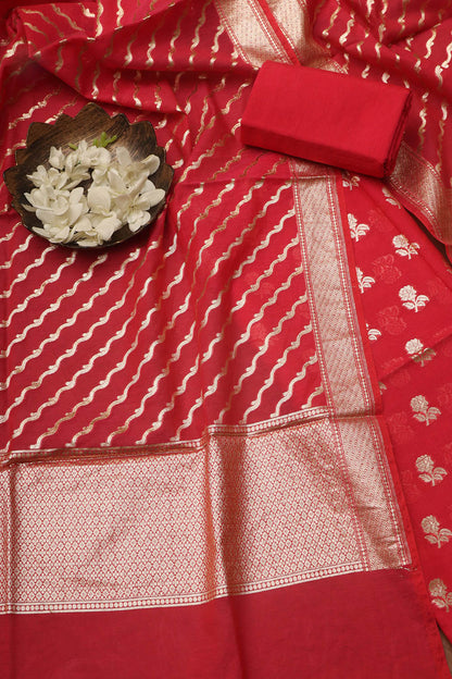 Exquisite Red Banarasi Chanderi Silk Three Piece Unstitched Suit Set - Luxurion World