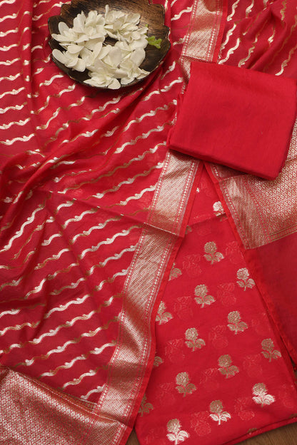 Exquisite Red Banarasi Chanderi Silk Three Piece Unstitched Suit Set - Luxurion World