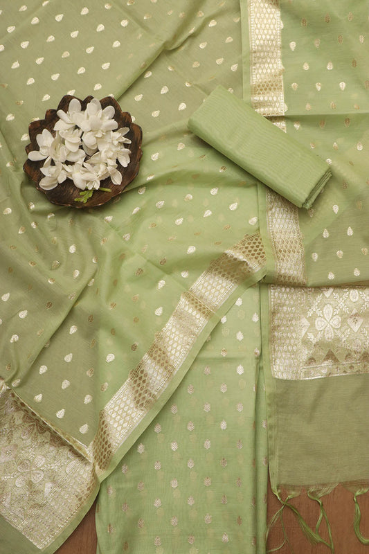 Green Banarasi Chanderi Silk Three Piece Unstitched Suit Set - Luxurion World