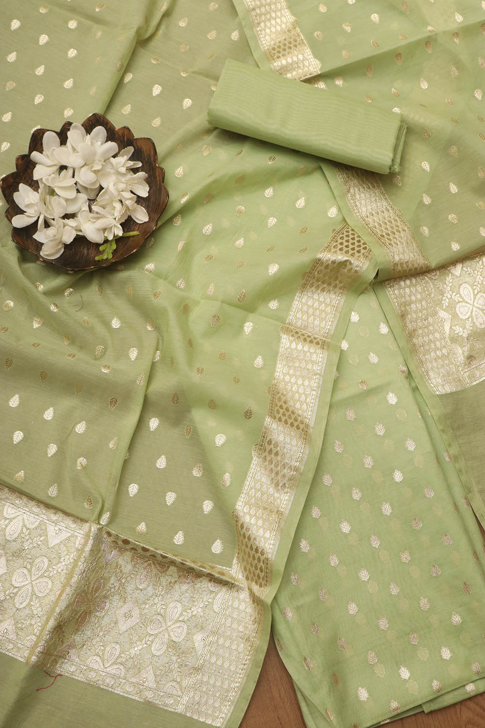 Green Banarasi Chanderi Silk Three Piece Unstitched Suit Set - Luxurion World