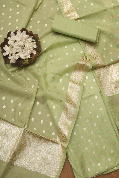 Green Banarasi Chanderi Silk Three Piece Unstitched Suit Set - Luxurion World