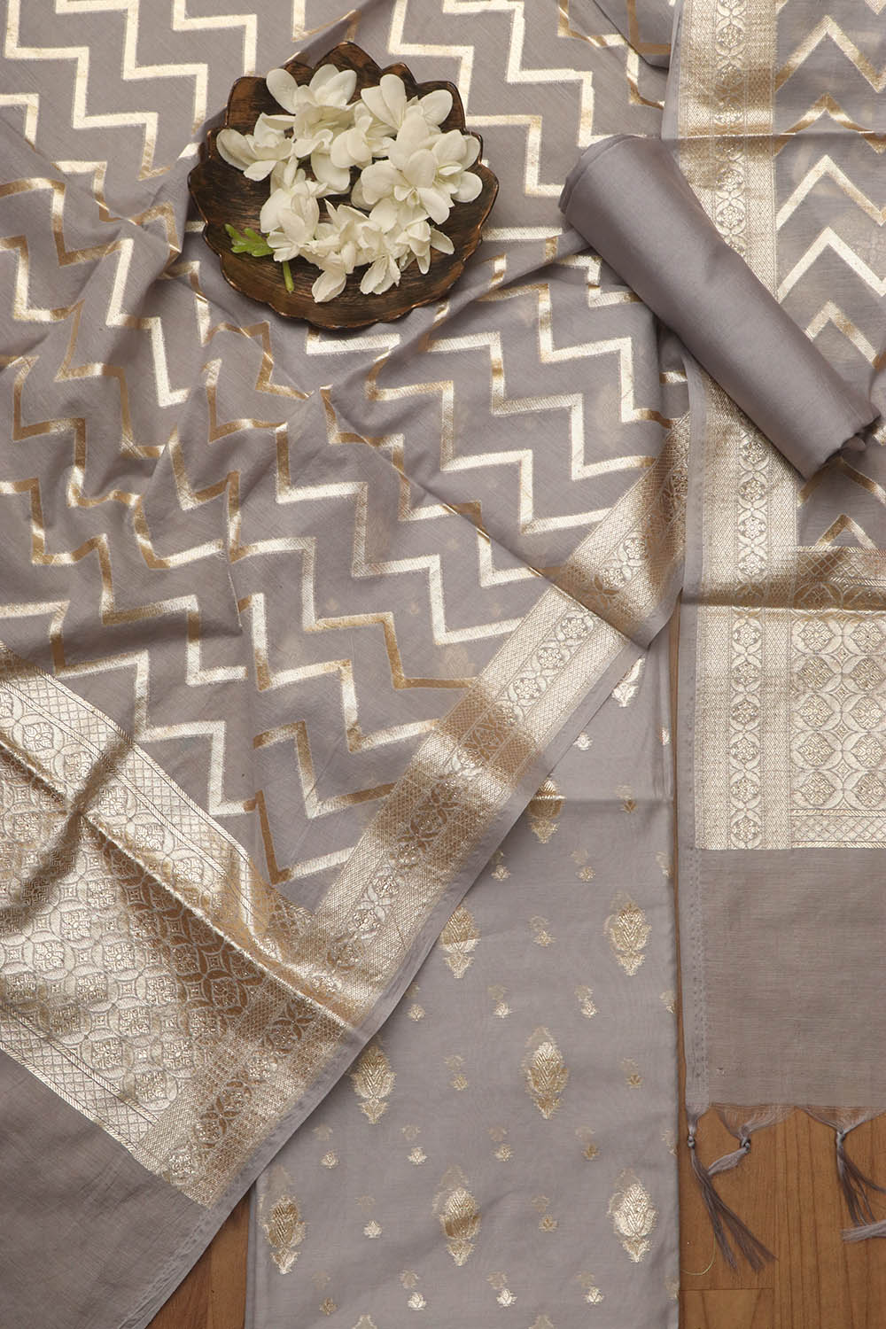 Elegant Grey Banarasi Chanderi Silk Three Piece Unstitched Suit Set - Luxurion World