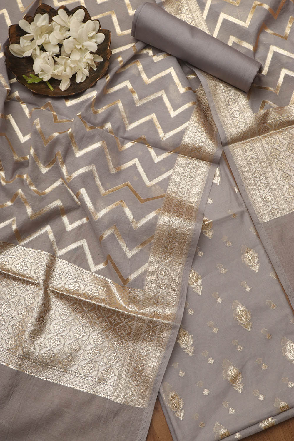 Elegant Grey Banarasi Chanderi Silk Three Piece Unstitched Suit Set - Luxurion World